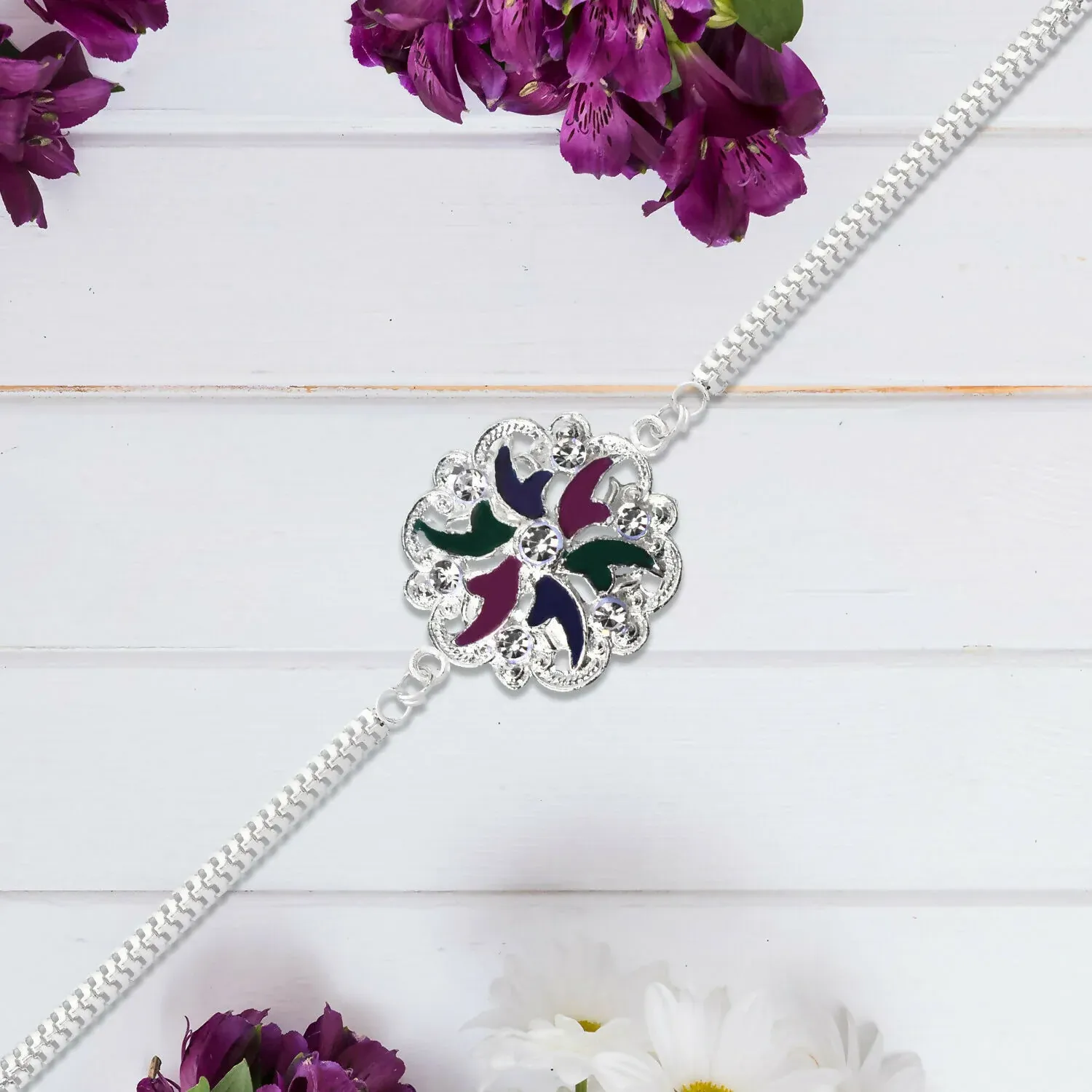 Floral Enamel Rakhi Bracelet – Elegant Multi-Strand Design - Detailed Feature View 1