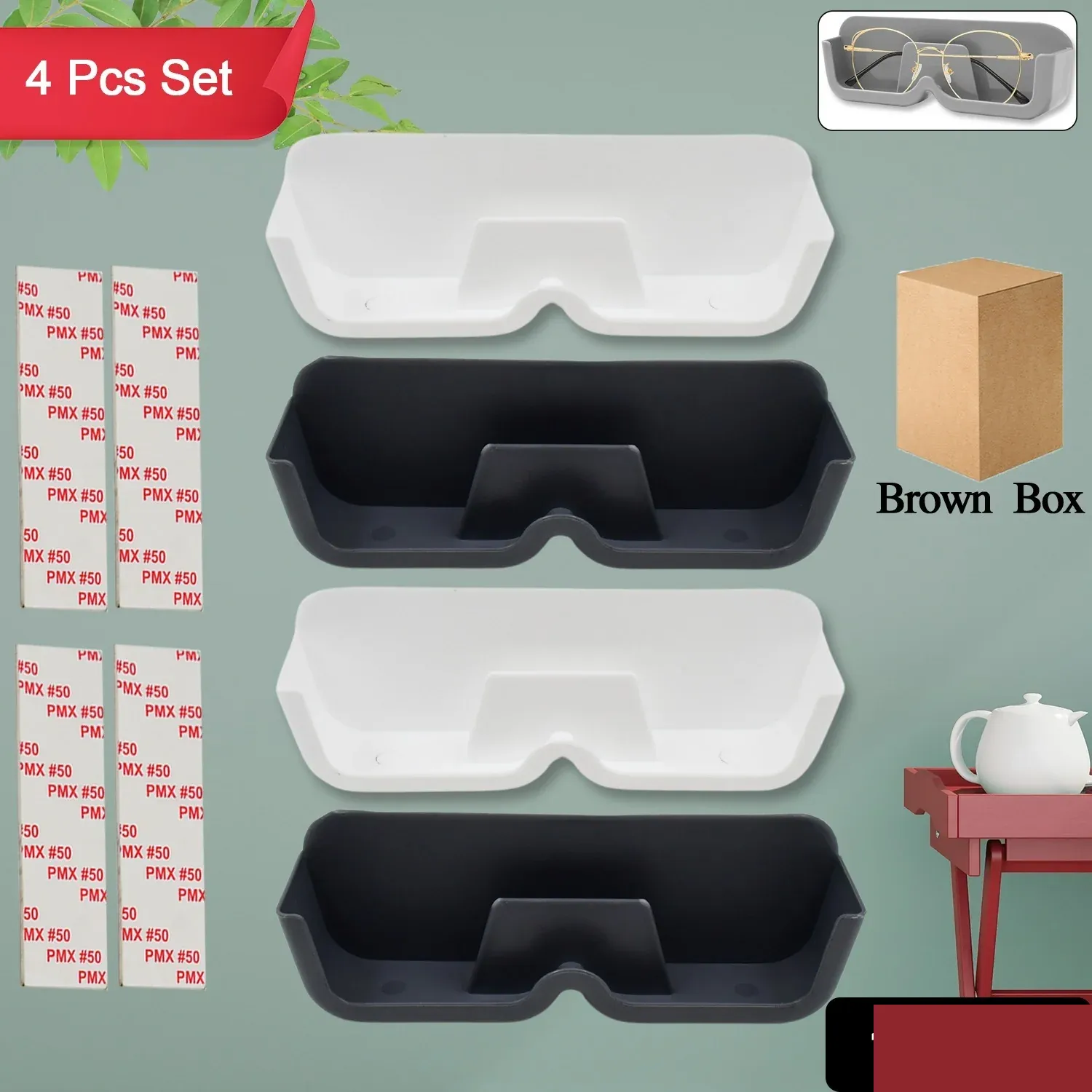 Wall Mounted Sunglasses Holder – 4 Pc Adhesive Set | GlimmerHome - Detailed Feature View 1