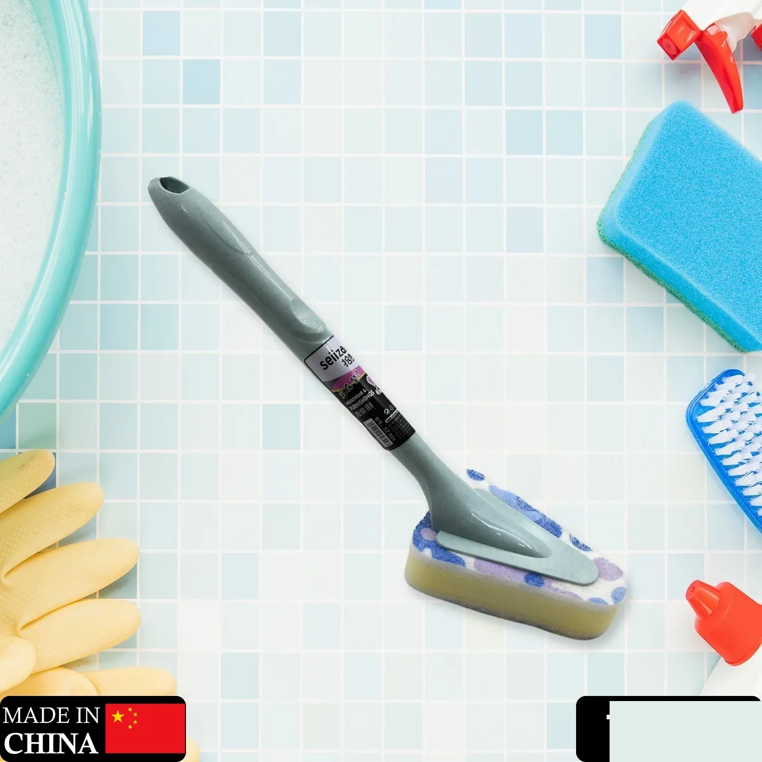 Triangular Sponge Brush – Long Handle Kitchen & Bathroom Cleaner | Velvet Wipe - Detailed Feature View 1