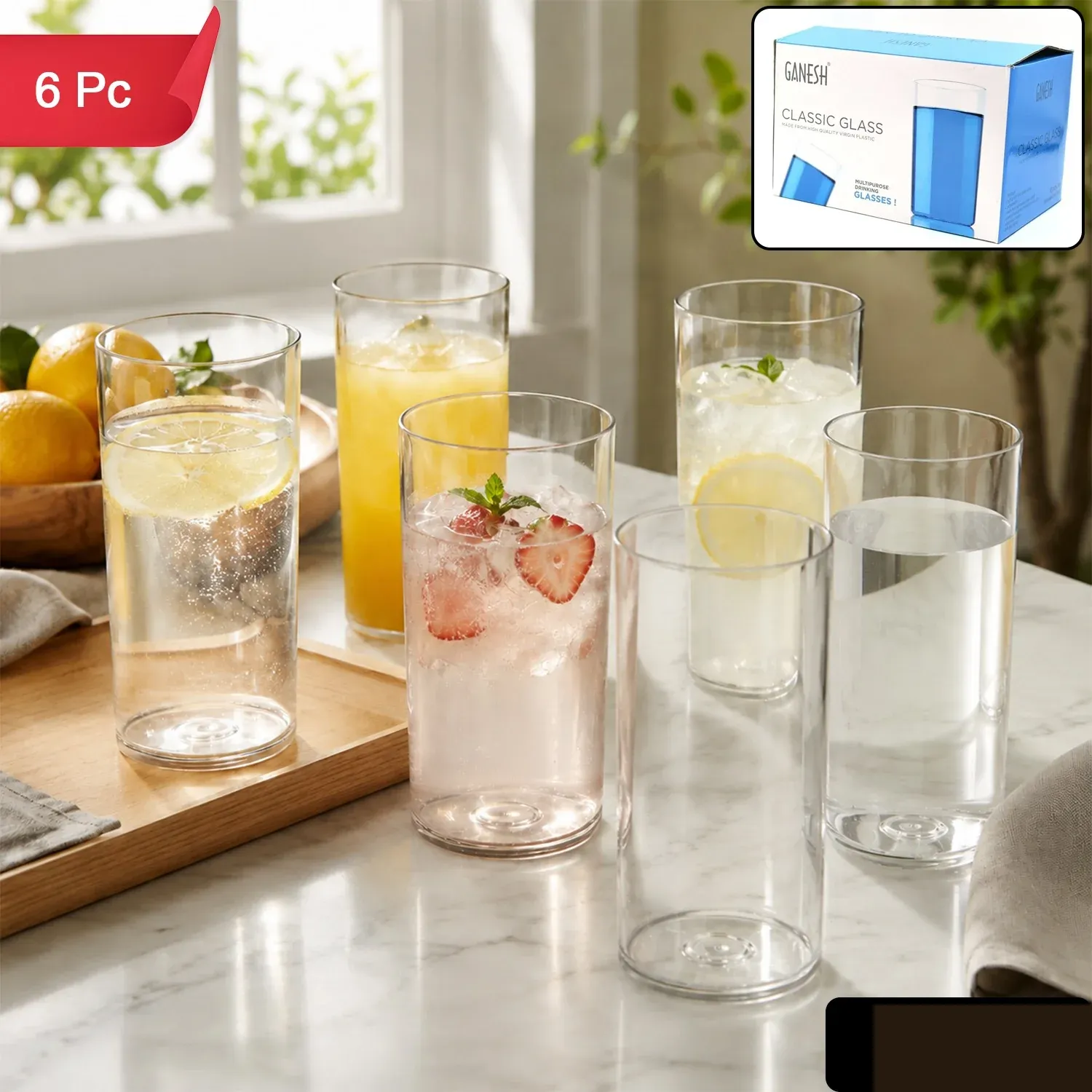 Plastic Glasses Set – Unbreakable Transparent 350ml (Set of 6) - Detailed Feature View 1