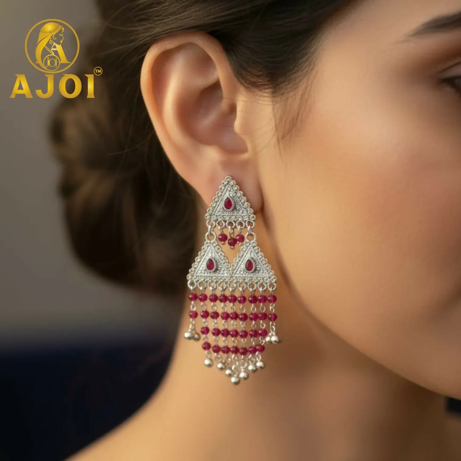 Ruby Drop Silver Earrings – Ethnic Designer Statement Tassels - Detailed Feature View 1