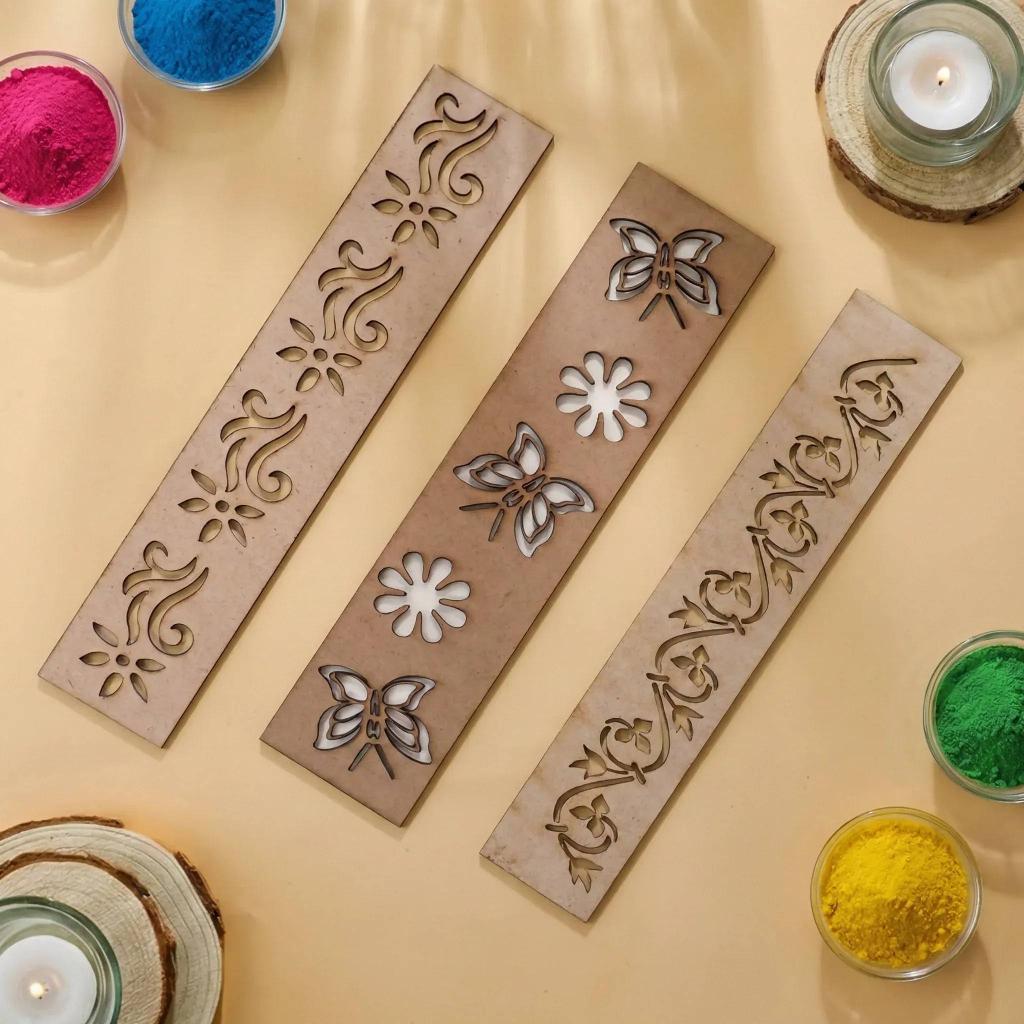 Premium Wooden Rangoli Border Stencils – 3 Reusable Umbra Patti Designs - Buy Online at Alikart