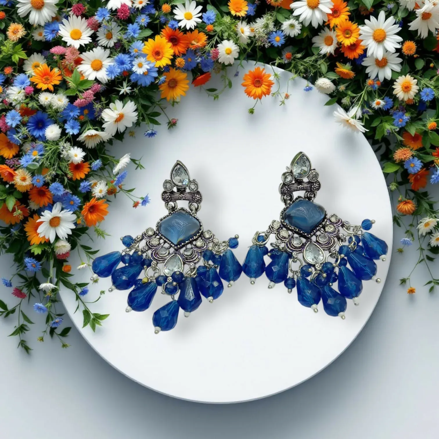 German Silver Earrings – Oxidised Blue Pearl Design - Detailed Feature View 1