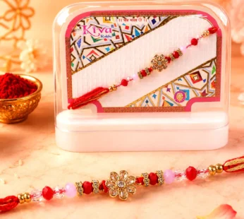 Ruby Red American Diamond Flower Rakhi for Brother, Crystal Beads Gift