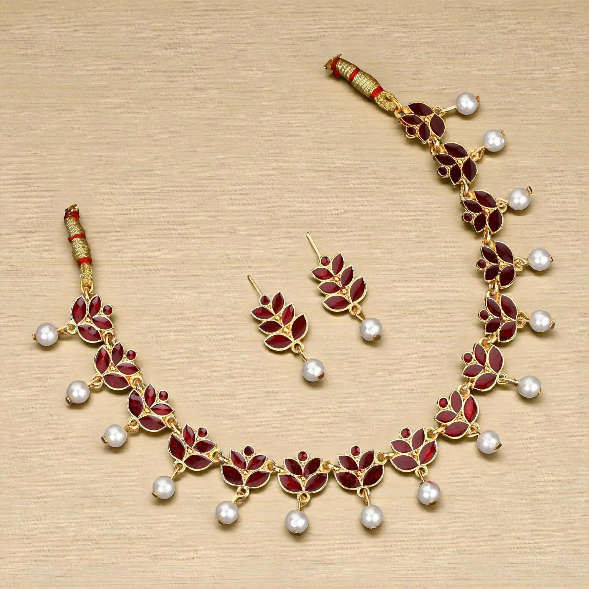 Gold-Tone Matte Leaf Motif Choker with Faux Pearls – Elegant Design - Detailed Feature View 2