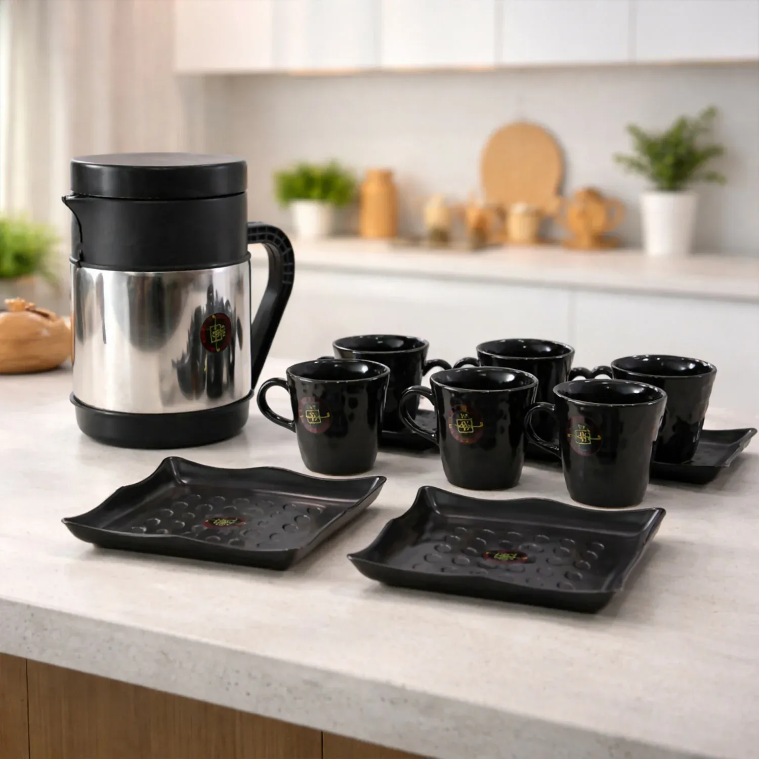 Tea & Coffee Serving Set – Elegant Stainless Steel Design with 6 Cups & Tray