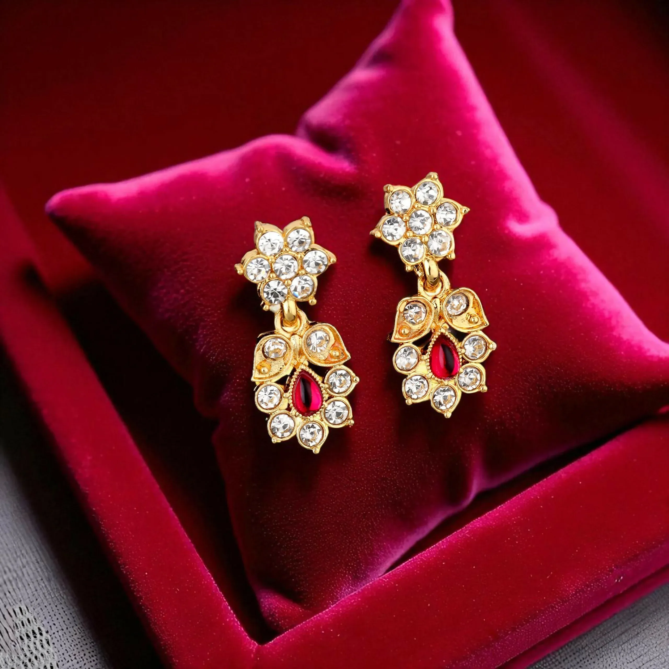 Gold-Toned Ruby & American Diamond Floral Necklace Set – Elegant Design - Detailed Feature View 3