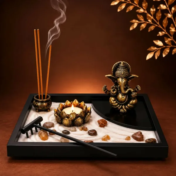 Zen Meditation Tray with Ganesh Idol, Candle & Incense Holder Set