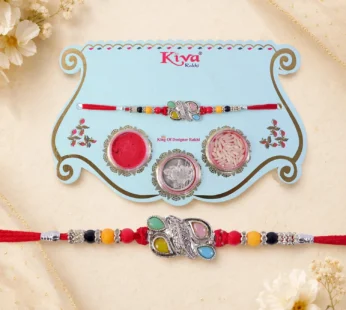 Silver Butterfly Leaf Rakhi with Pastel Stones, Roli Chawal Coin and Card Packing