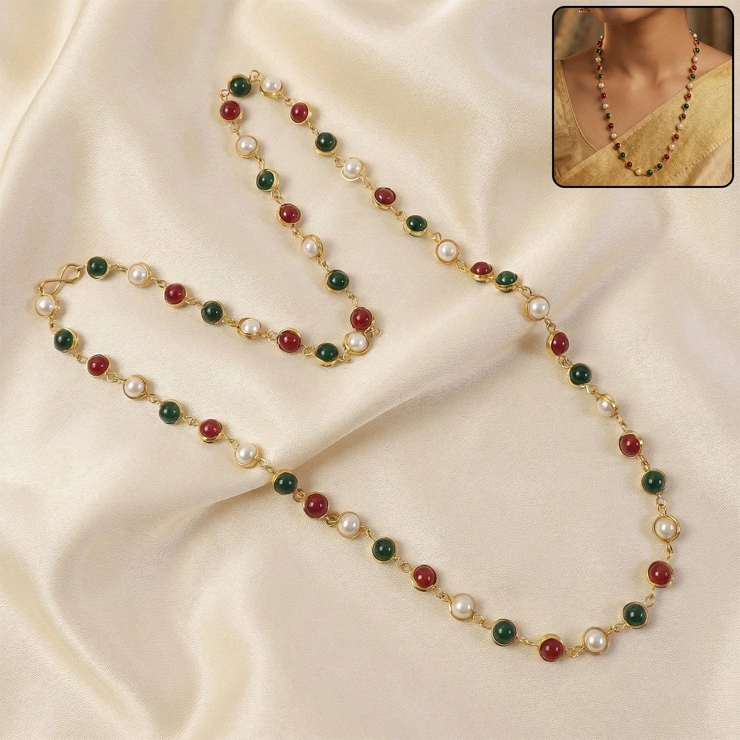 Pearl Beaded Necklace – Elegant Lightweight Gold-Tone Link Detail - Detailed Feature View 1
