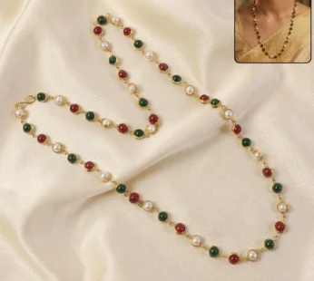 Multicolor Beaded Pearl Necklace – Elegant Red & Green Stone Accent