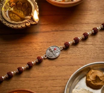 Premium Shree Krishna Silver Rakhi with Natural Rudraksha Beads