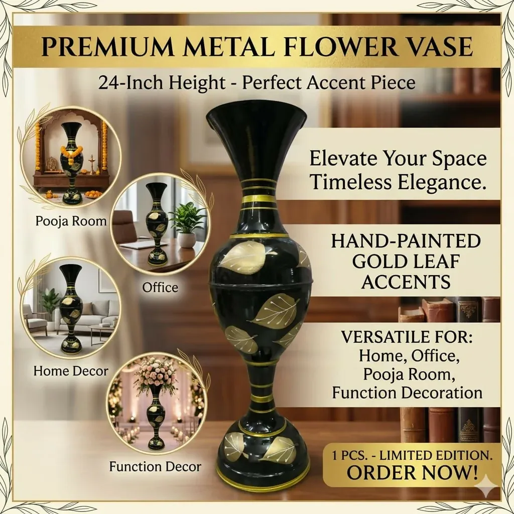Premium 24-Inch Metal Floor Vase – Elegant Gold Leaf Design for Home Decor - Buy Online at Alikart