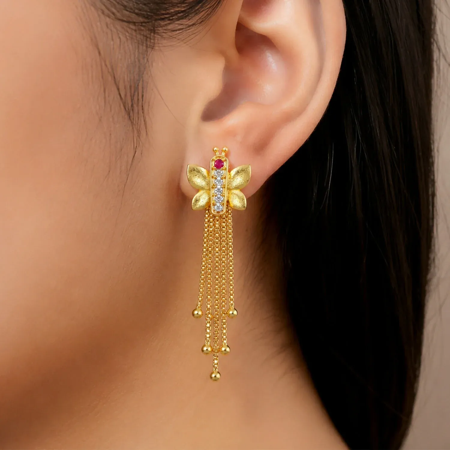 Gold Insect-Shaped Dangle Earrings, Multi-Strand Chain Tassels & Fl... - Detailed Feature View 1