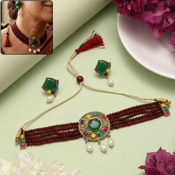Traditional Maroon Beaded Choker – Handcrafted with Green Stones for Women