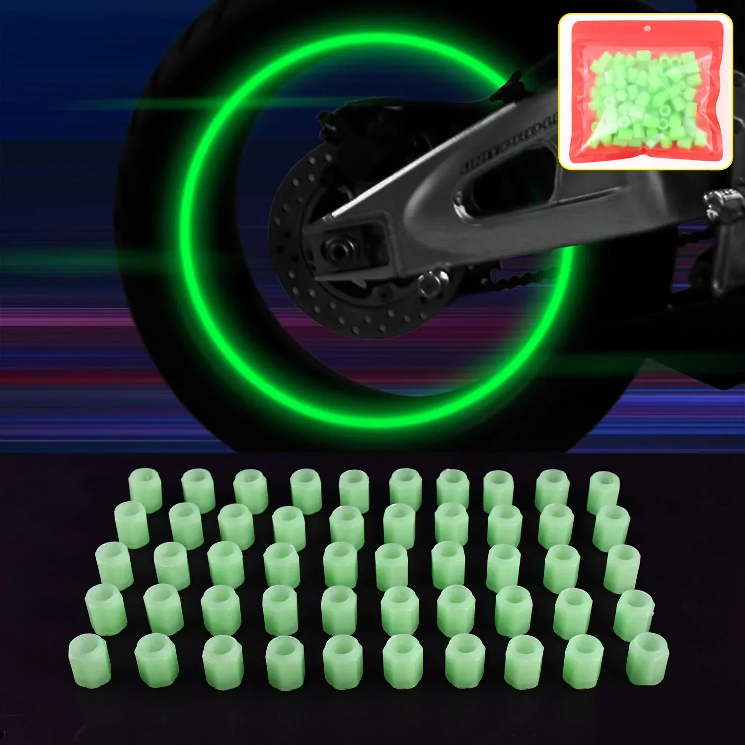 Premium Luminous Glow Tyre Valve Caps 100 Pcs Set – Durable ABS | Velvet Wheels - Buy Online at Alikart