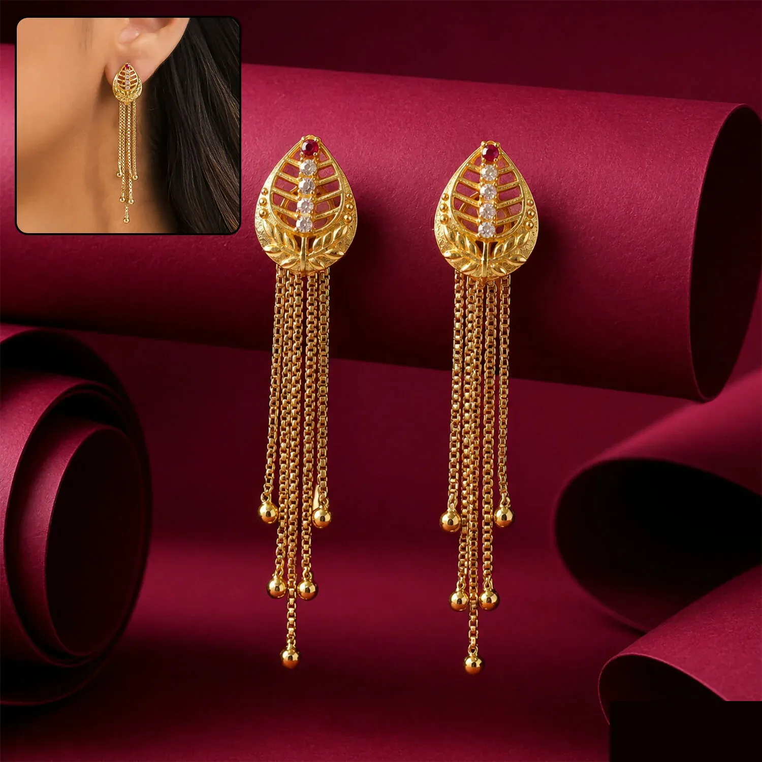 Premium Gold Leaf-Shaped Dangle Earrings, Multi-Strand Chain Tassels & Grad... - Buy Online at Alikart