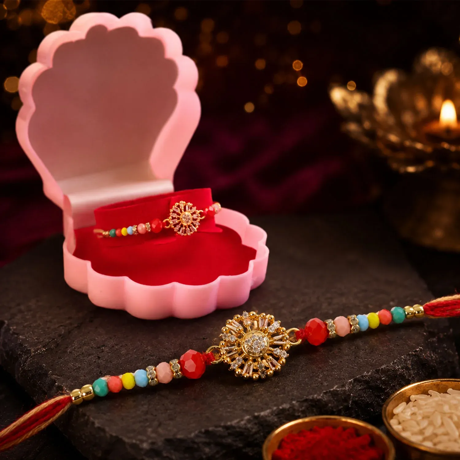 Sparkling AD Sunflower Designer Rakhi for Brother, Multicolour Beads - Detailed Feature View 5