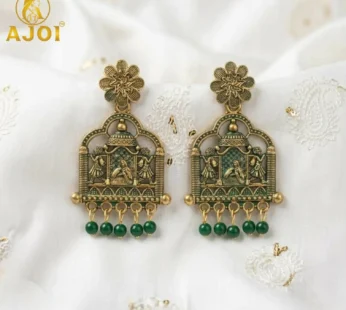Antique Temple Doli Earrings – Traditional Green Bead Drops for Festive Looks