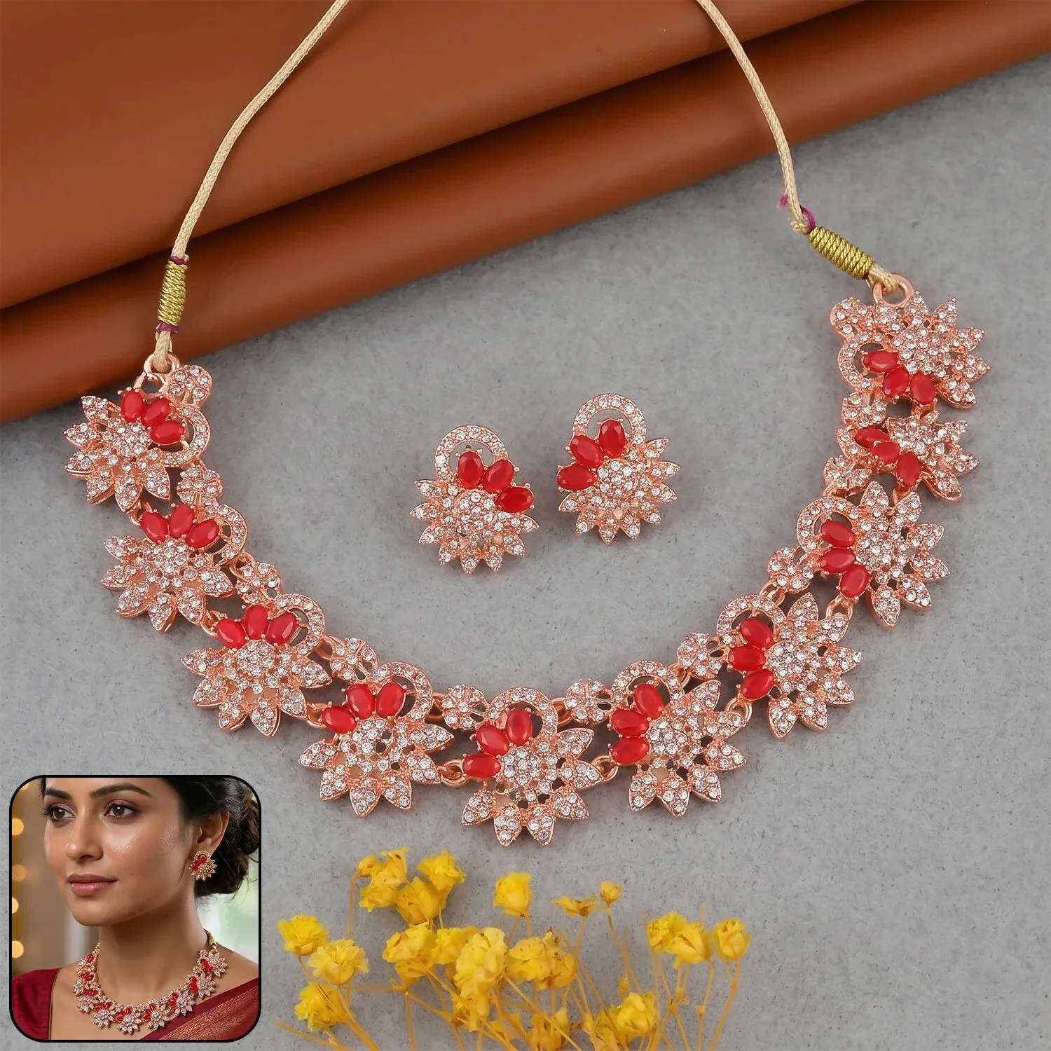 Premium Red Stone Floral Necklace Set – Elegant Traditional Jewelry - Buy Online at Alikart