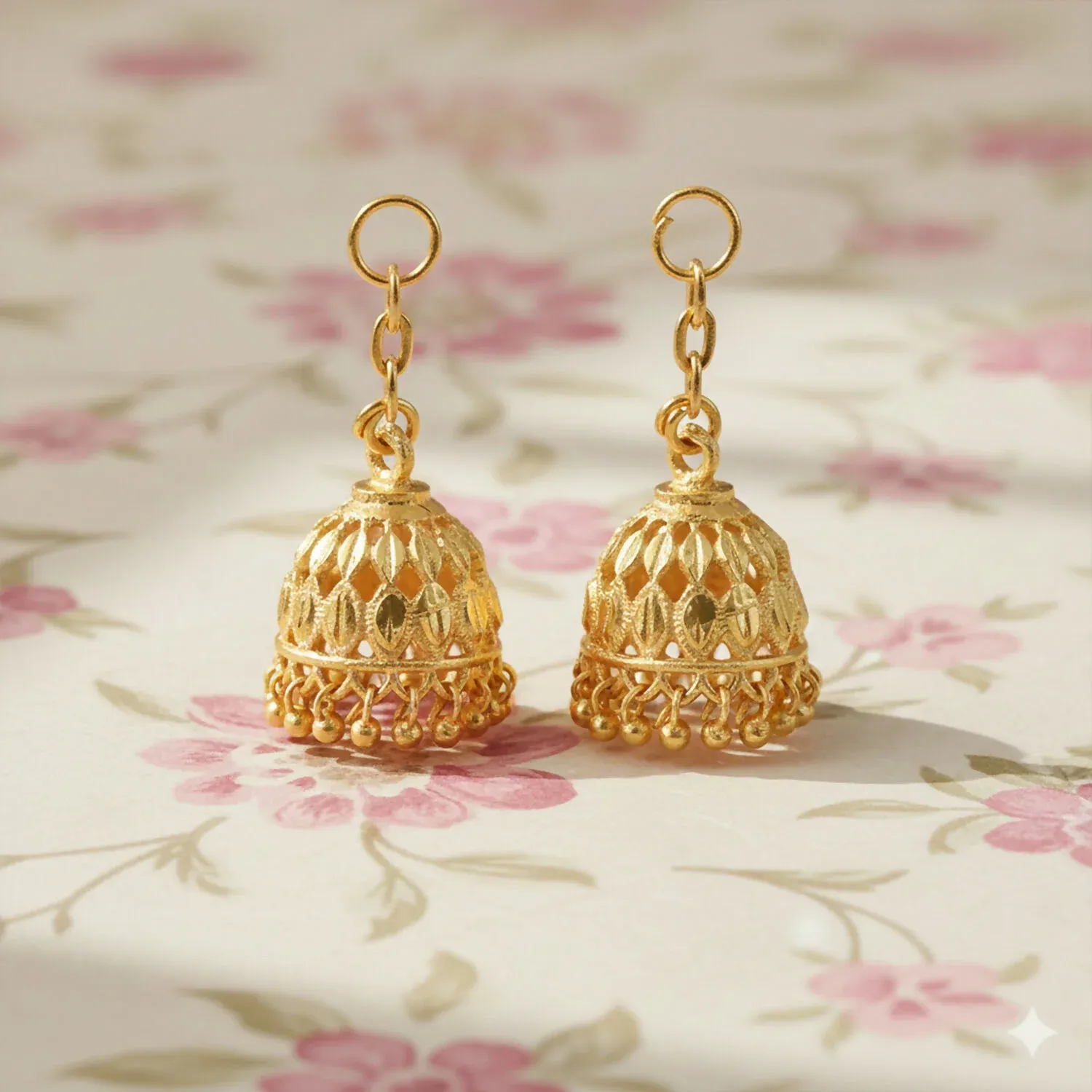 Gold Finish Jhumka – Intricate Cutwork with Hanging Beads - Detailed Feature View 2