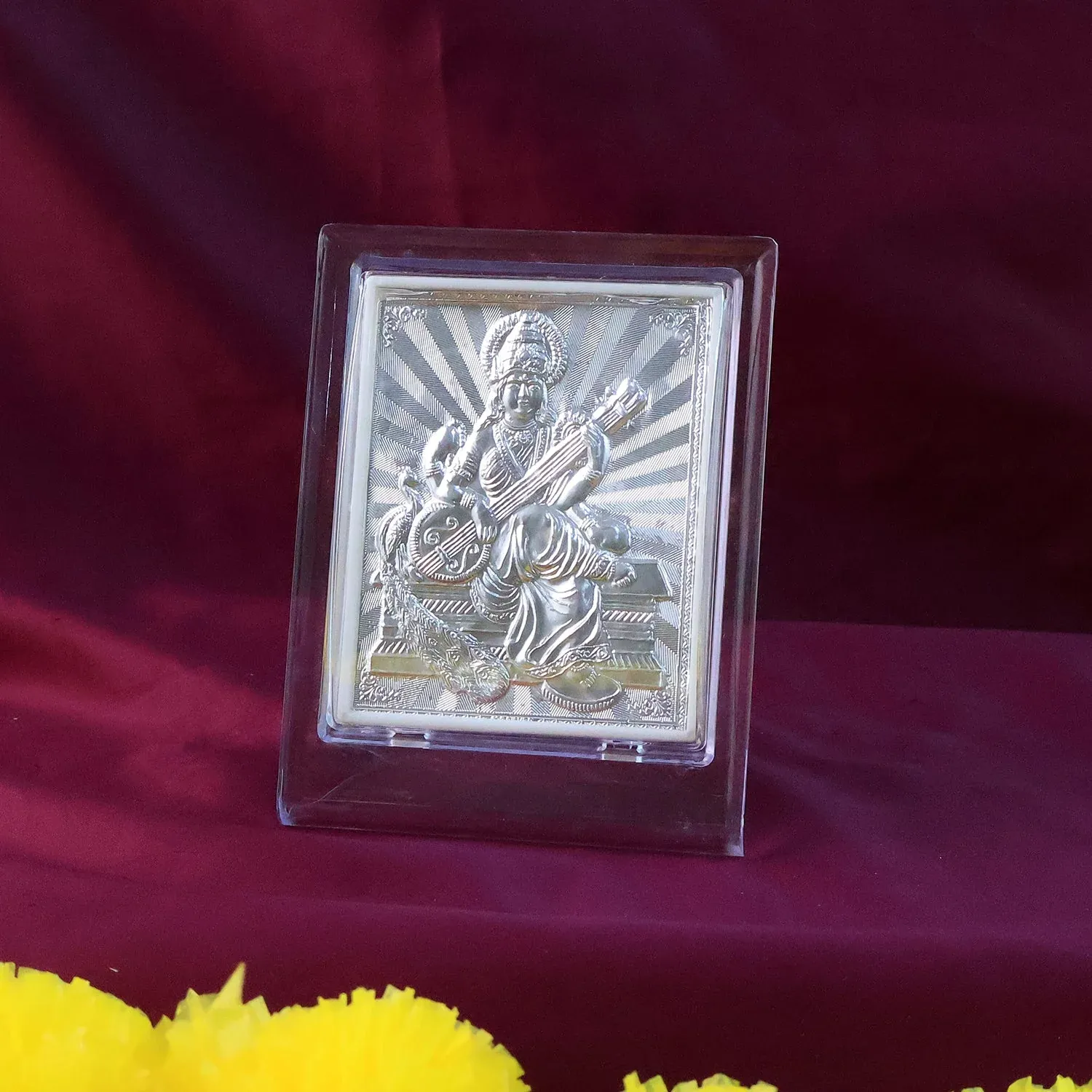 Silver Saraswati Maa Photo Frame – Elegant Spiritual Decor - Detailed Feature View 2