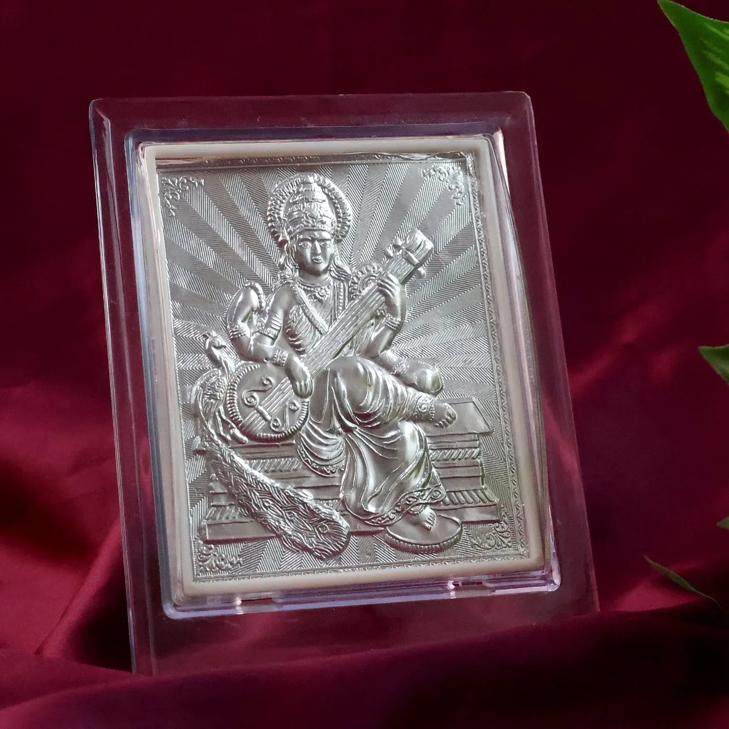 Silver Saraswati Maa Photo Frame – Elegant Spiritual Decor - Detailed Feature View 5