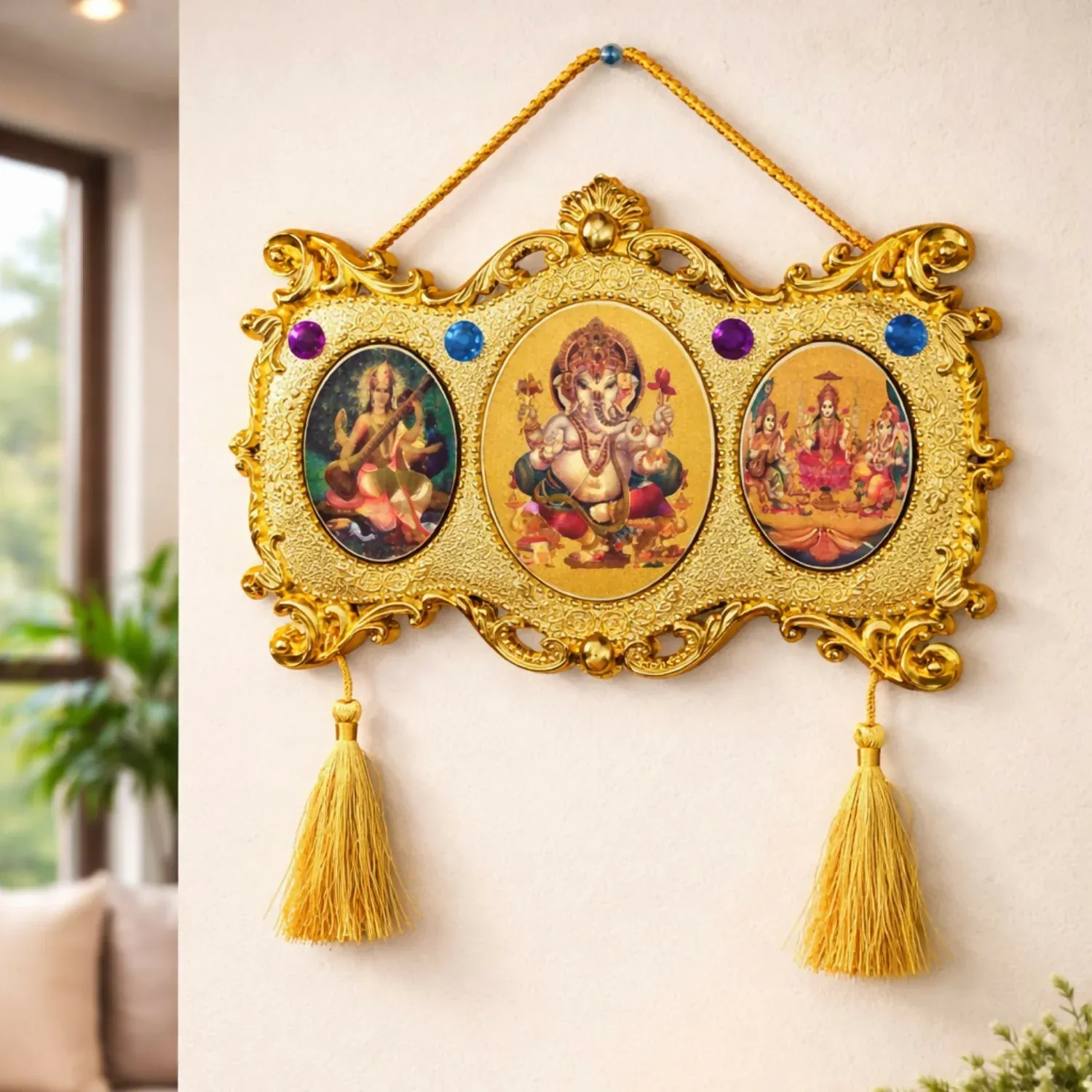 Premium Wall Hanging of Ganesha, Lakshmi & Saraswati – Elegant Triple Oval Decor - Buy Online at Alikart