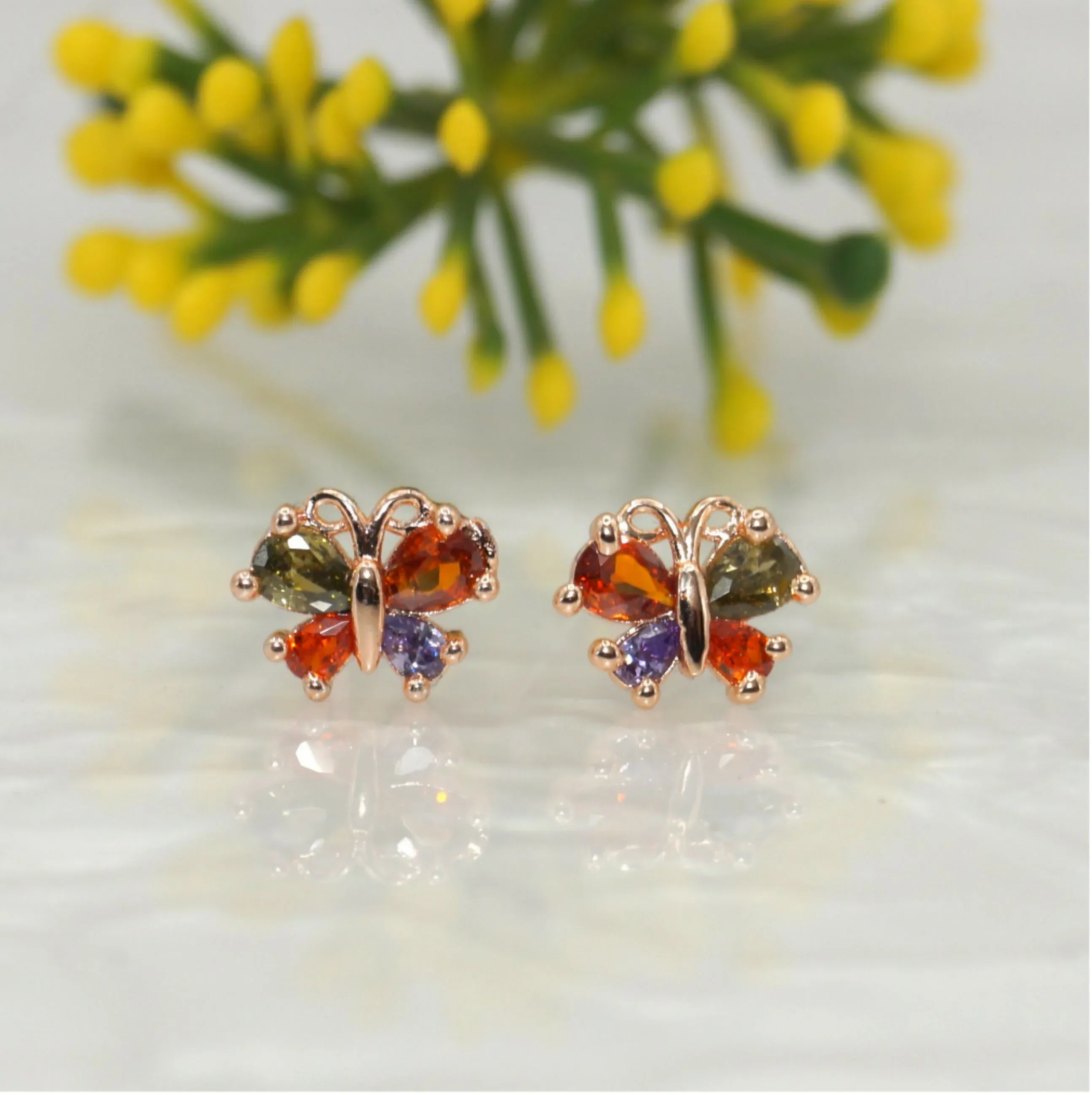 Premium Butterfly Stud Earrings – Multi-Color CZ Rose Gold Finish - Buy Online at Alikart
