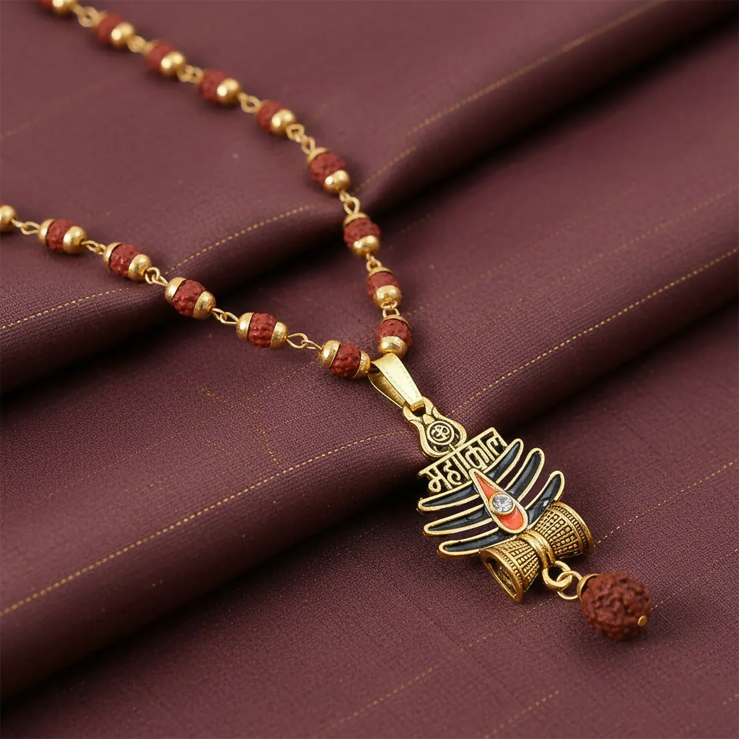 Shiva Trishul Pendant – Spiritual Rudraksha Mala Necklace - Detailed Feature View 3