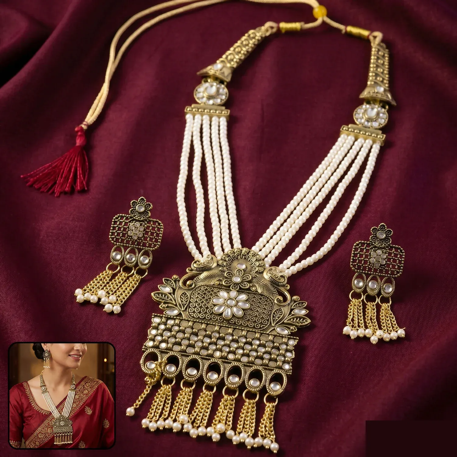 Premium Traditional Pearl Necklace – Elegant Antique Gold Pendant Set - Buy Online at Alikart