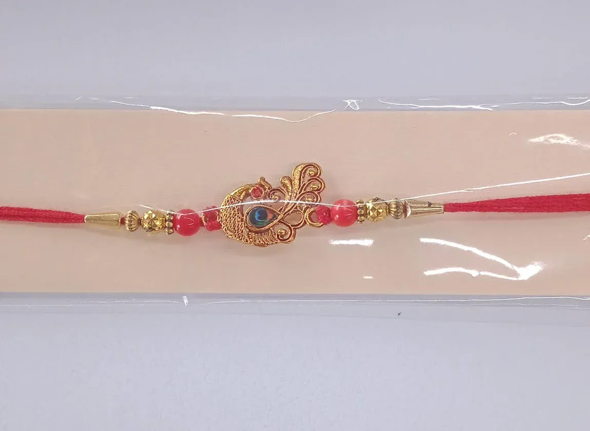 Peacock Rakhi – Golden Stone & Bead Designer Band for Brother - Detailed Feature View 4