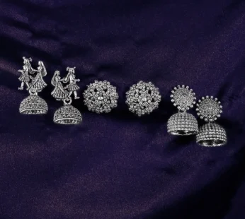 Silver Oxidized Earrings – Elegant Traditional Jhumkas Set (3Pc)