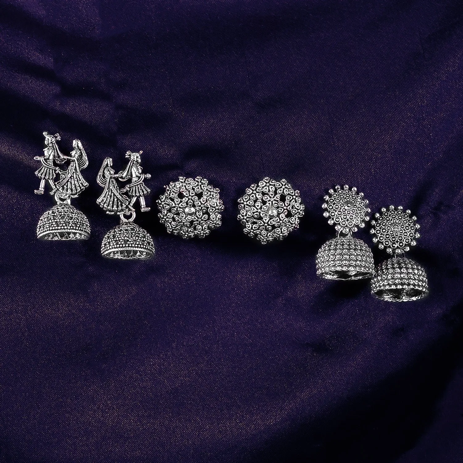 Premium Silver Oxidized Earrings – Elegant Traditional Jhumkas Set (3Pc) - Buy Online at Alikart