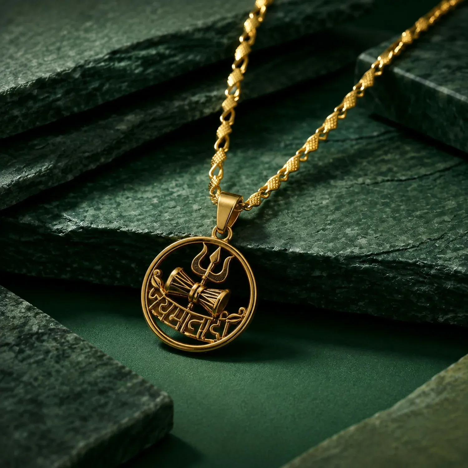 Gold Finish Mahakal Trishul Damru Pendant Chain – Divine Symbol Jewelry - Detailed Feature View 2