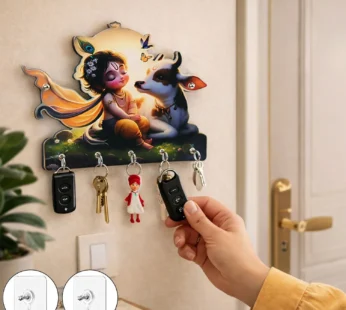 Krishna Cow Wall Key Holder – 5 Hooks, No Drilling Needed