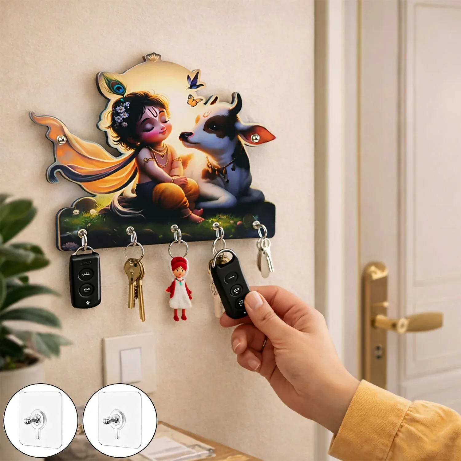 Premium Krishna Cow Wall Key Holder – 5 Hooks, No Drilling Needed - Buy Online at Alikart