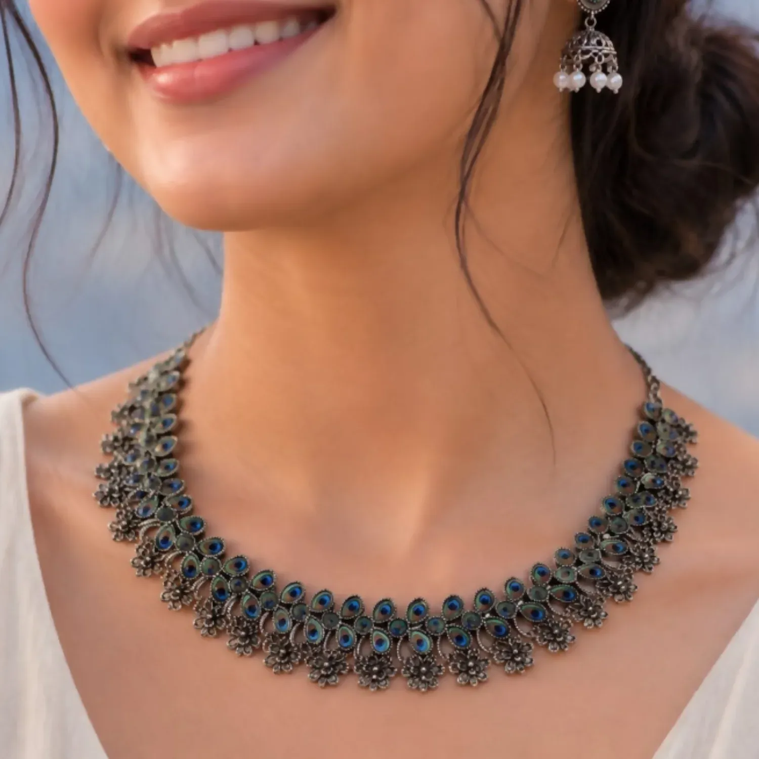 Oxidized Choker Necklace Set With Pearl Drop Jhumka Earrings For Women - Detailed Feature View 2