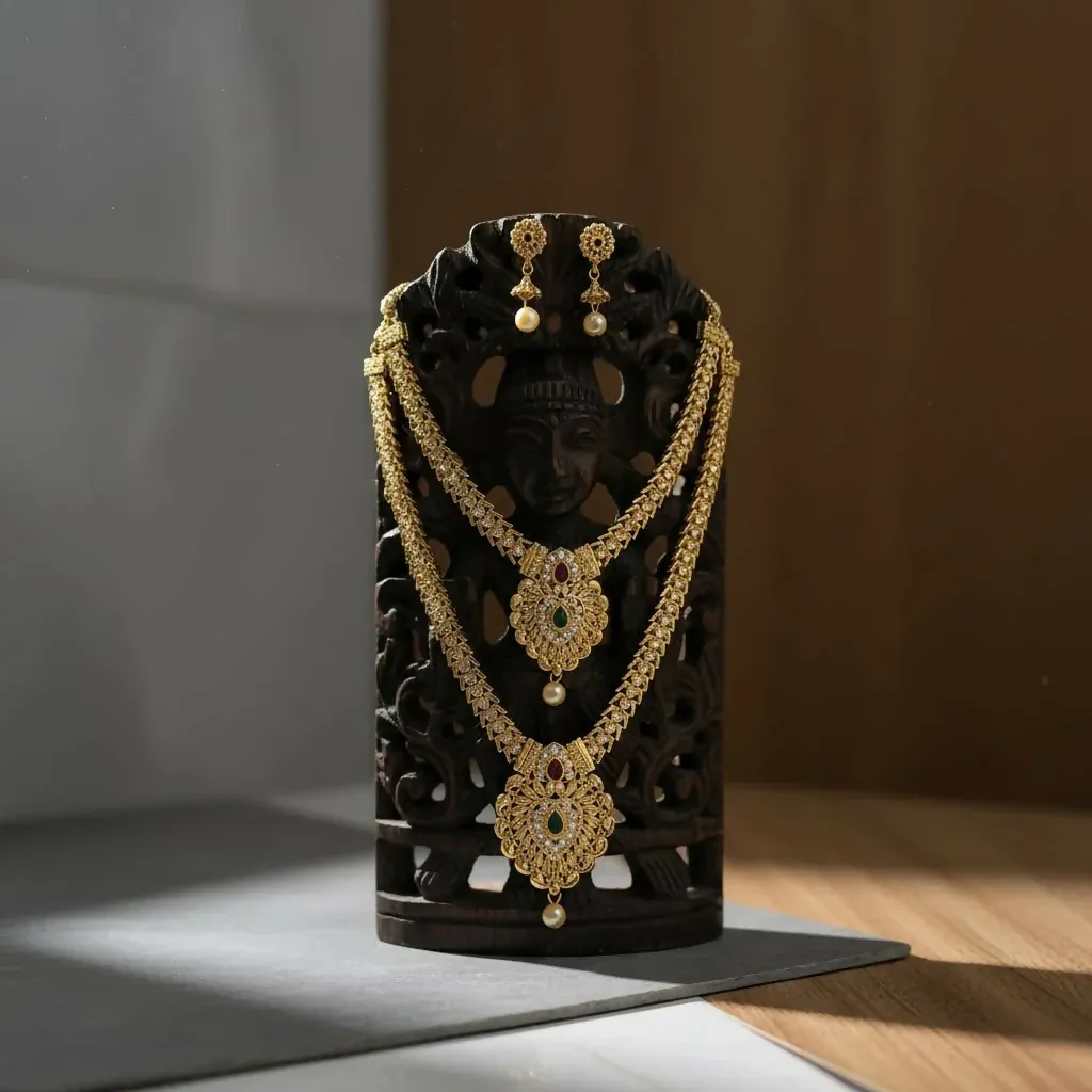 Premium Two Layered Gold Plated Necklace Set for Girls and Women Traditional Jewellery Design - Buy Online at Alikart