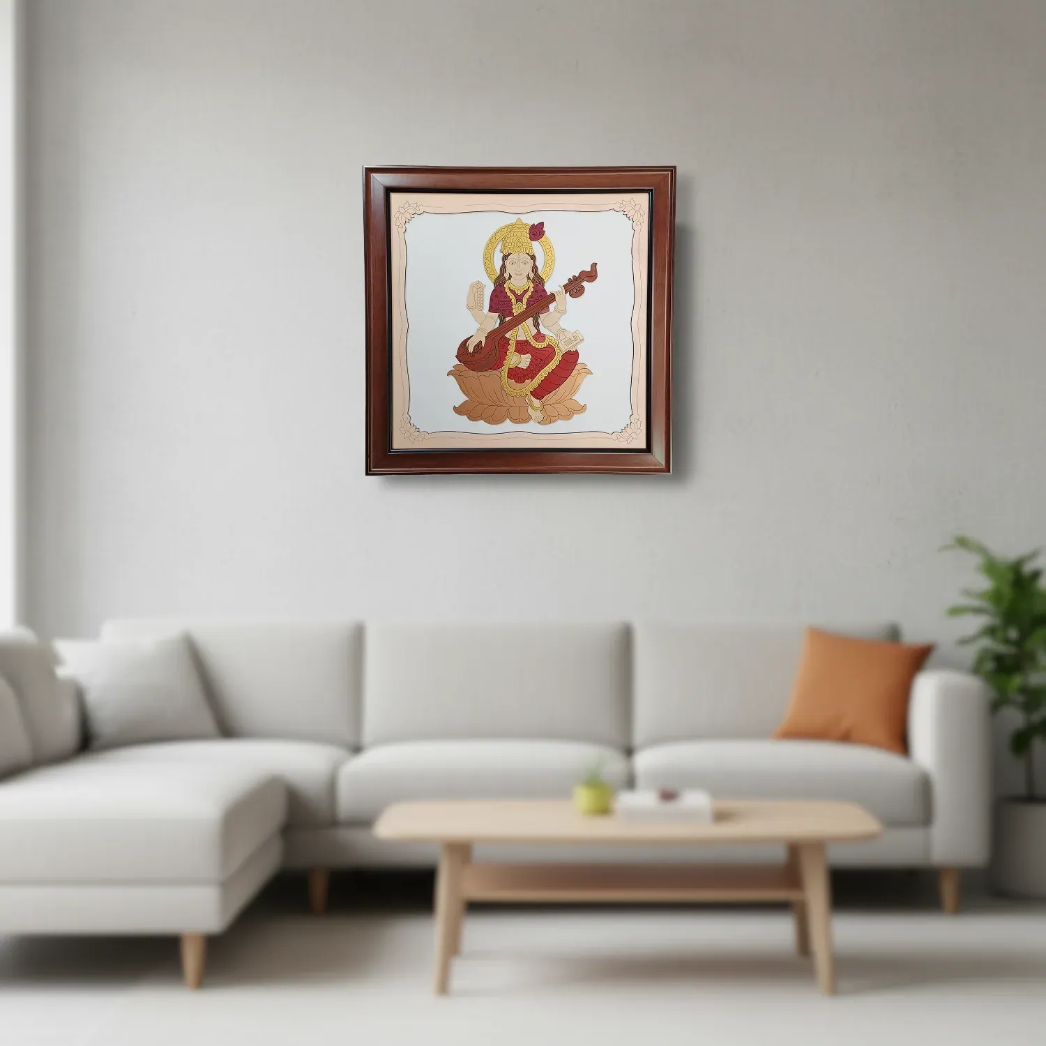 Goddess Saraswati Wooden Framed Wall Art – Handcrafted Spiritual Decor - Detailed Feature View 1