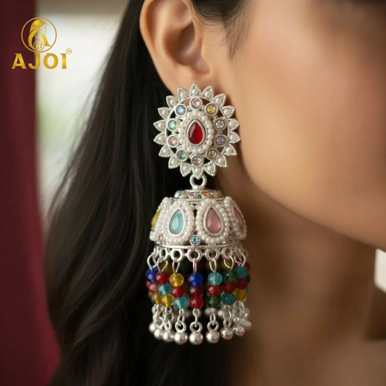 Silver Kundan Jhumka Earrings – Multicolor Tassels & Pearl Accents - Detailed Feature View 1