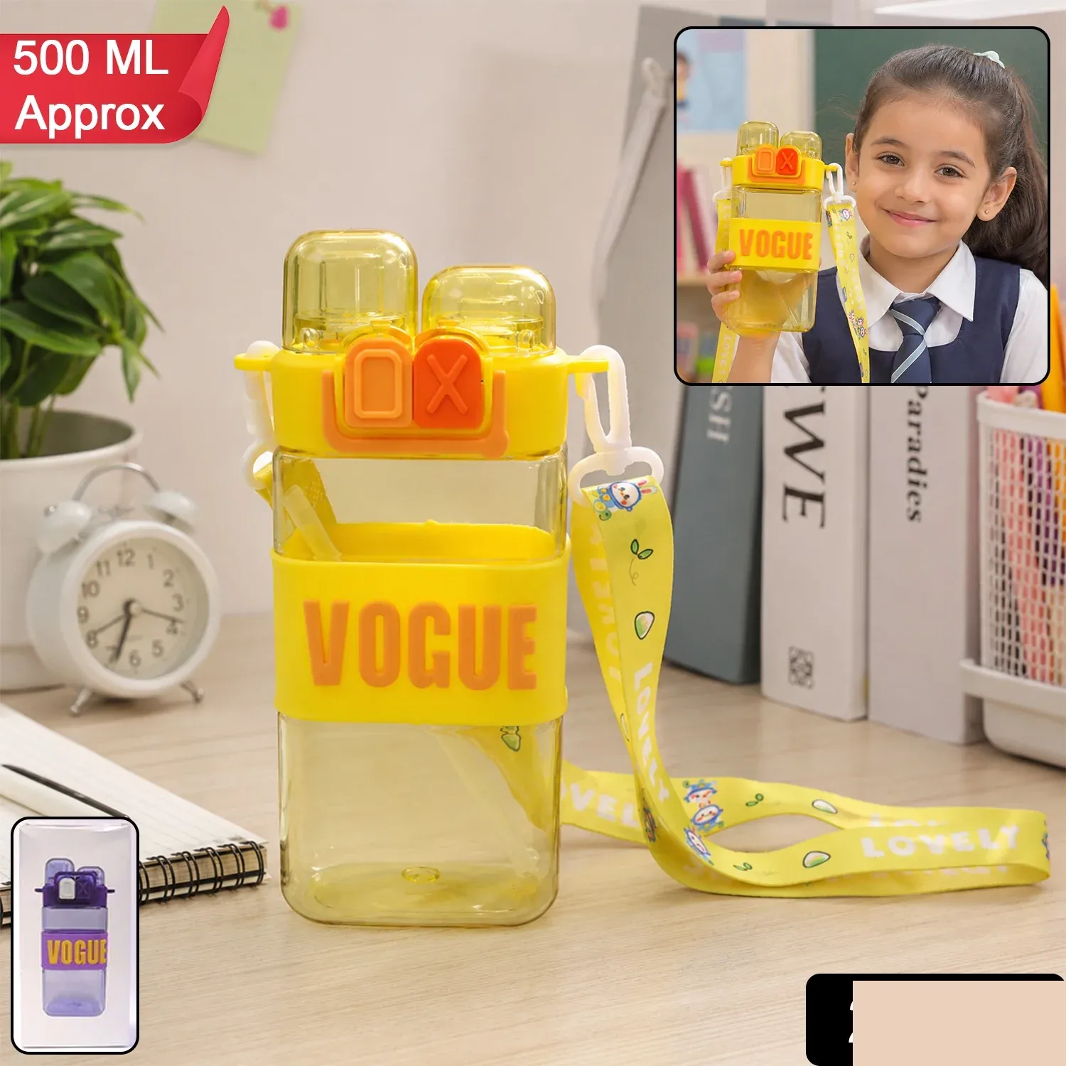 Girls Dual Compartment Water Bottle – Leakproof with Carry Strap - Detailed Feature View 1