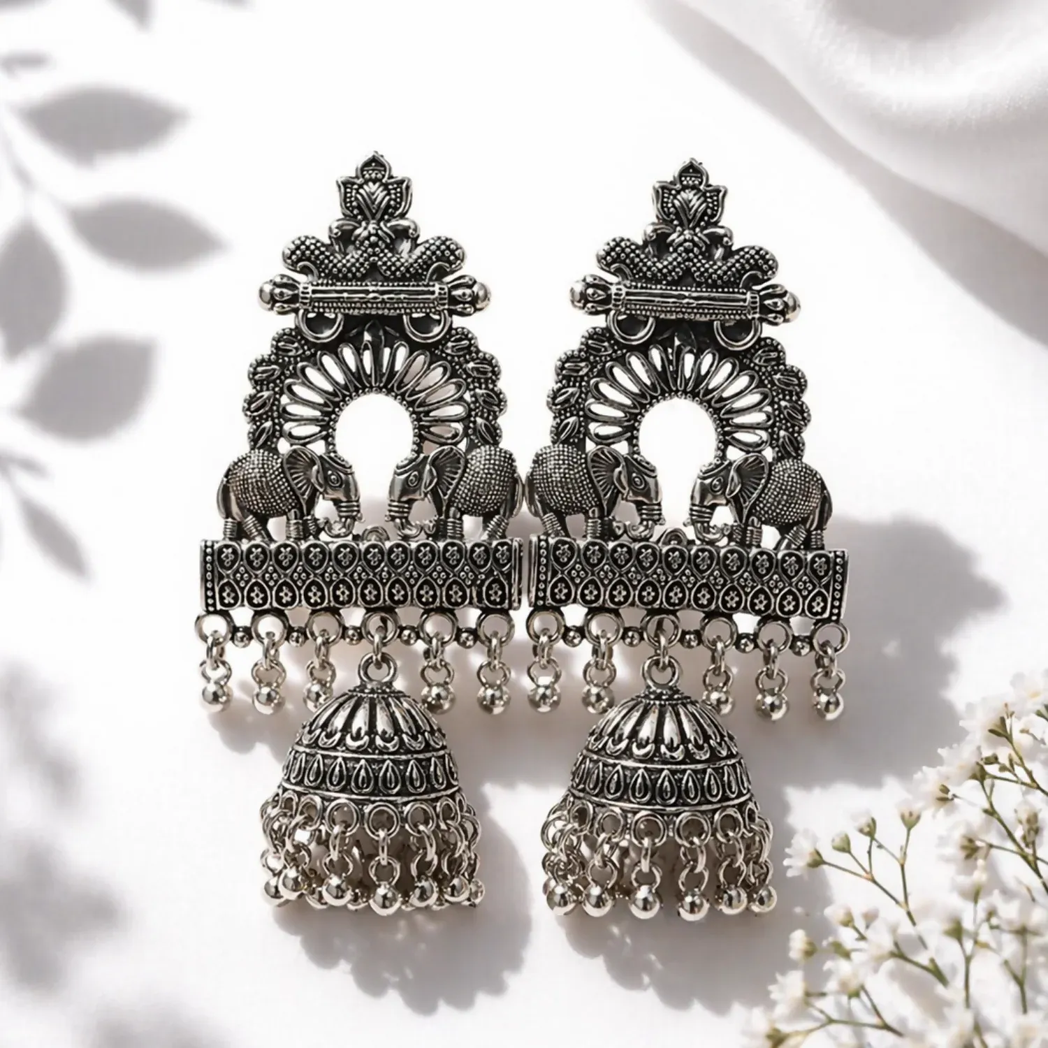Oxidized Silver-Jhumka Earrings – Elegant Ethnic Statement - Detailed Feature View 2