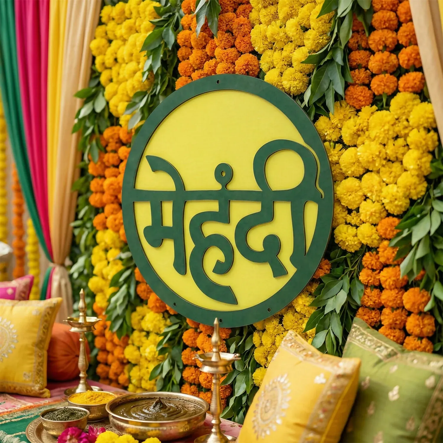 Premium Mehendi Ceremony Wall Hanging – Green & Yellow Hindi Decor - Buy Online at Alikart