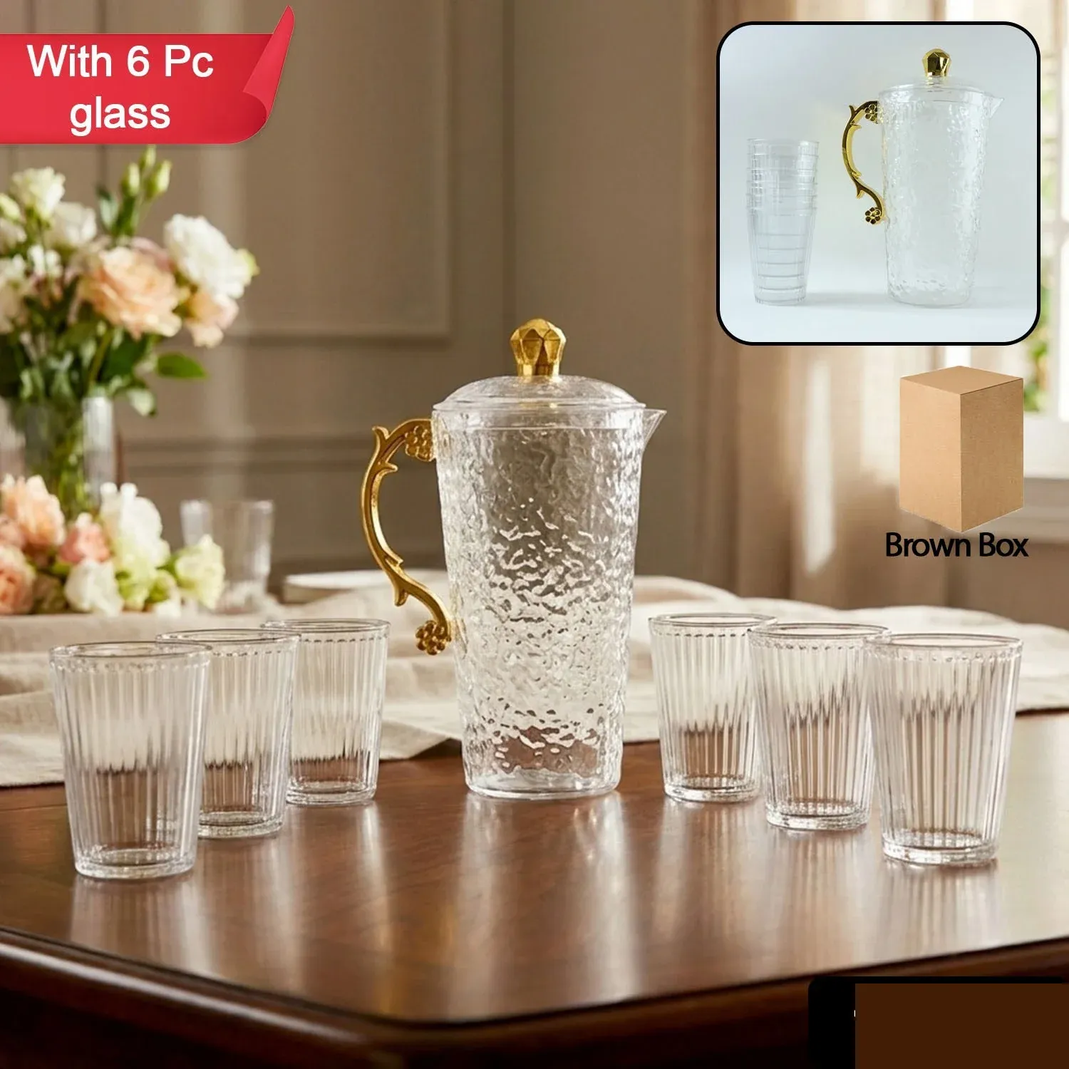 Textured Glass Water Jug Set – Elegant 1 Jug with 6 Glasses - Detailed Feature View 1