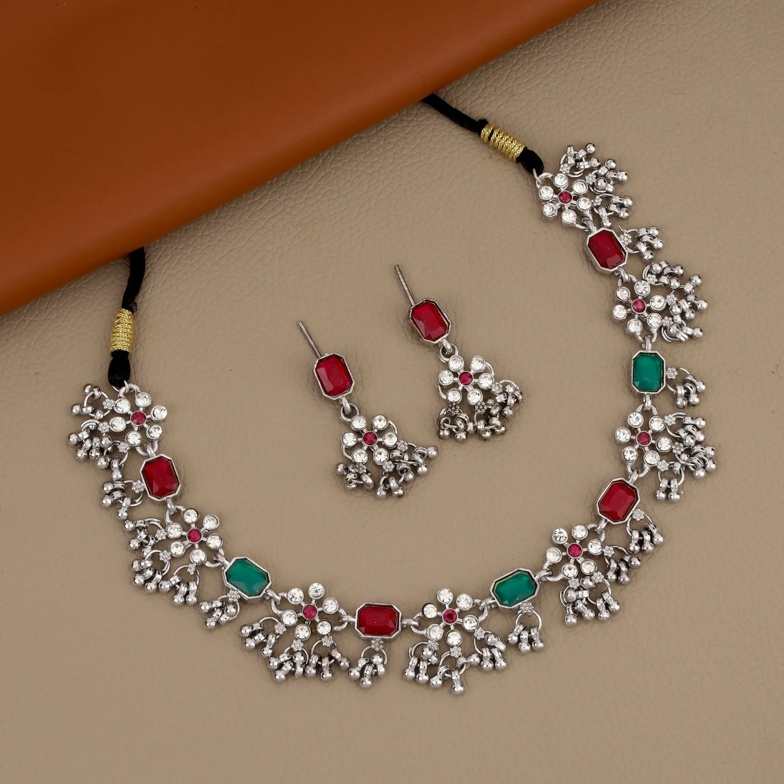 Premium Rectangular Stone Choker – Oxidized Silver Red Gem Necklace Set - Buy Online at Alikart