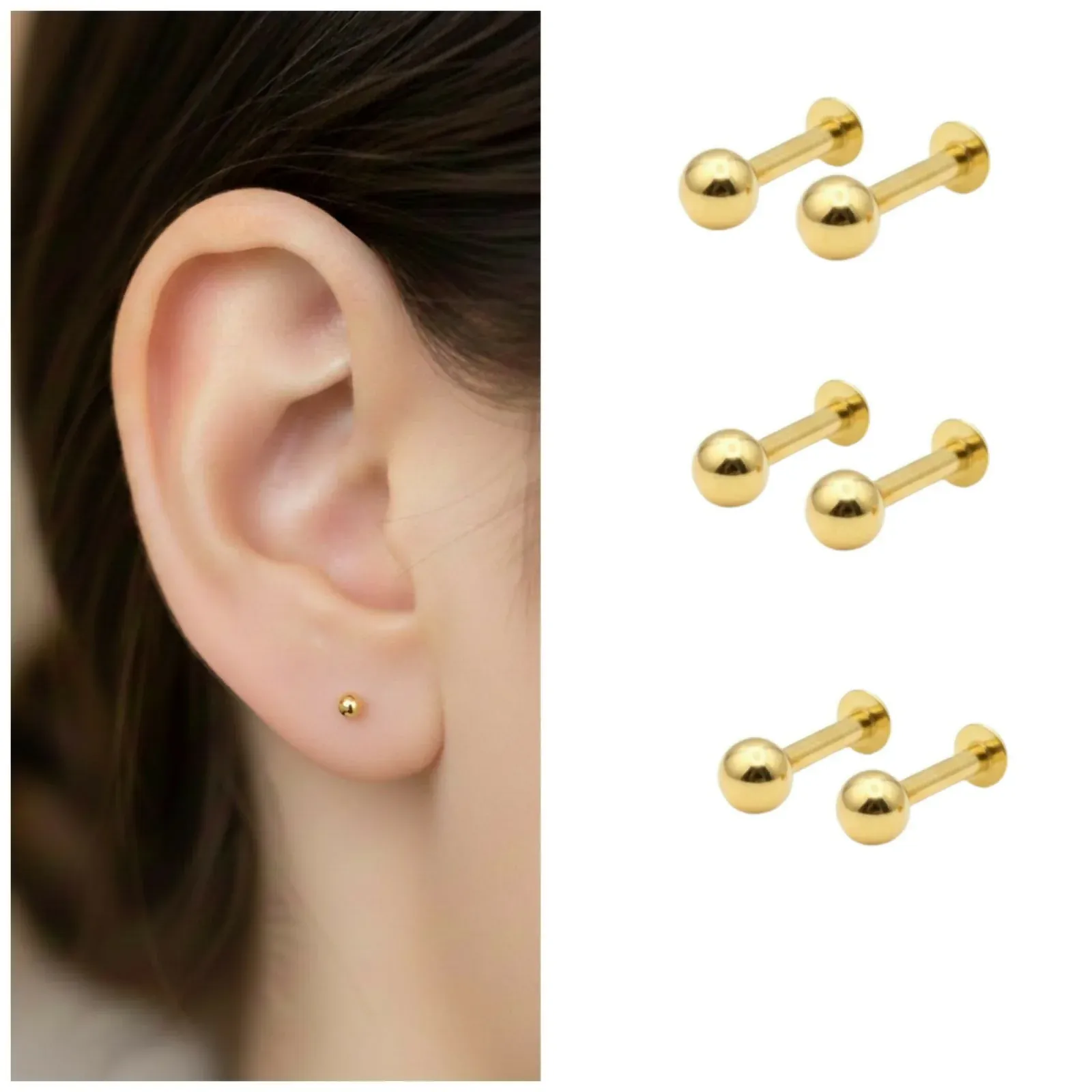 Premium Gold Ball Stud Earrings – Comfortable Flat-Back Labret Set - Buy Online at Alikart