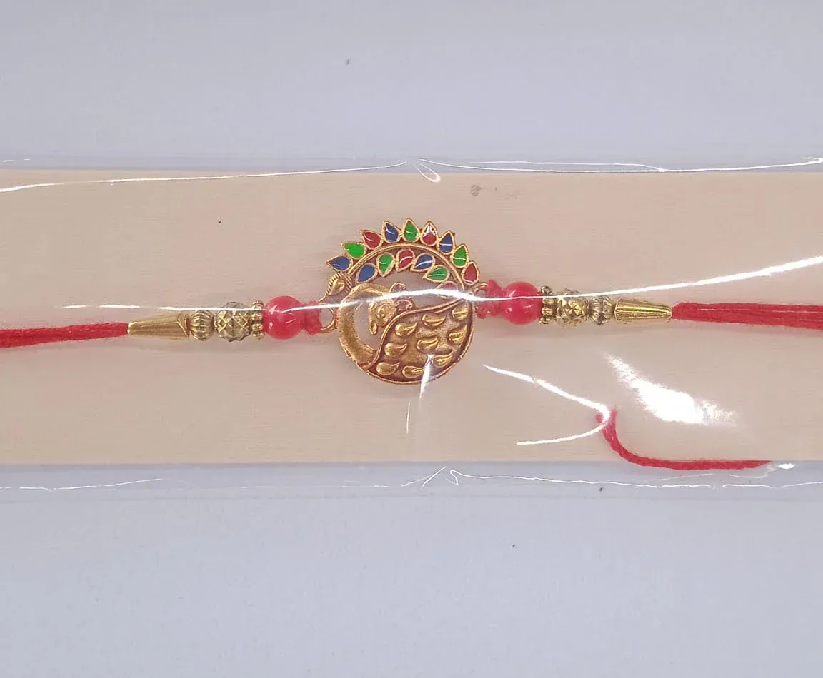Peacock Rakhi – Golden Enamel Work for Rakshabandhan - Detailed Feature View 4