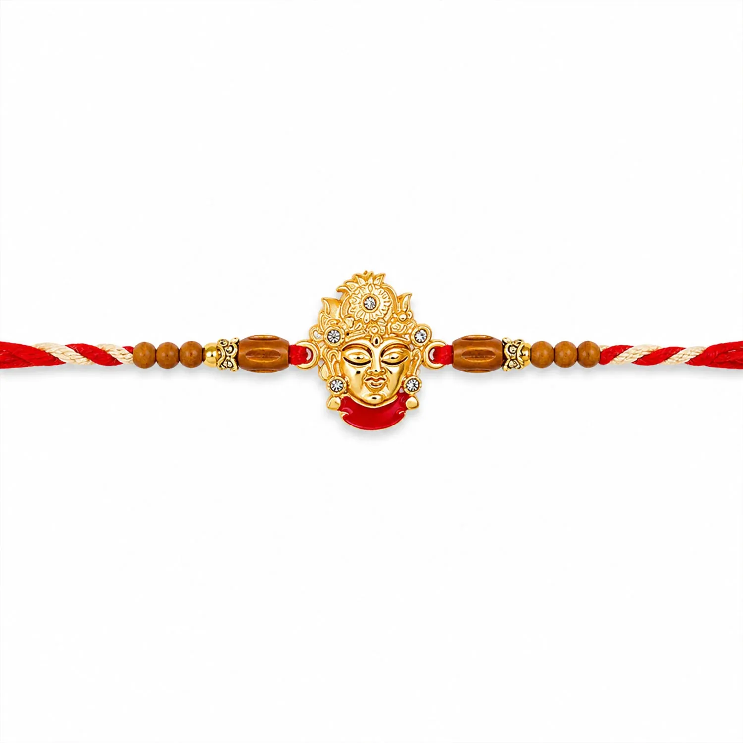 Golden Shrinathji Face Rakhi with Red Enamel Detail, Sandalwood-Finish Beads - Detailed Feature View 4
