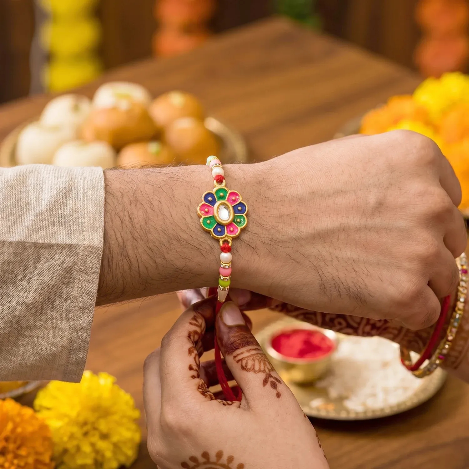 Multicolor Flower Rakhi – Elegant Festive Design for Brothers - Detailed Feature View 3